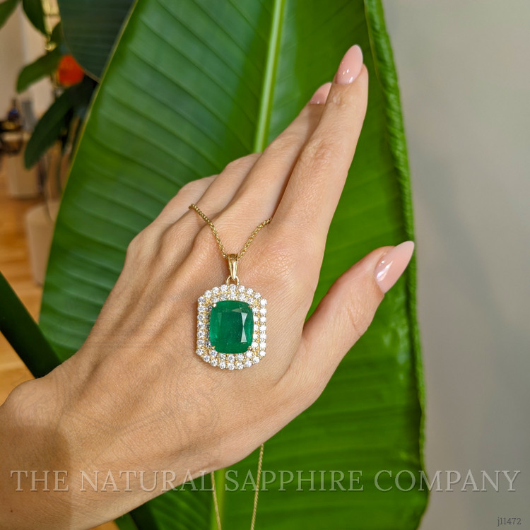 11.07 Ct. Emerald Natural Diamond Pave Pendant, 14K Yellow Gold