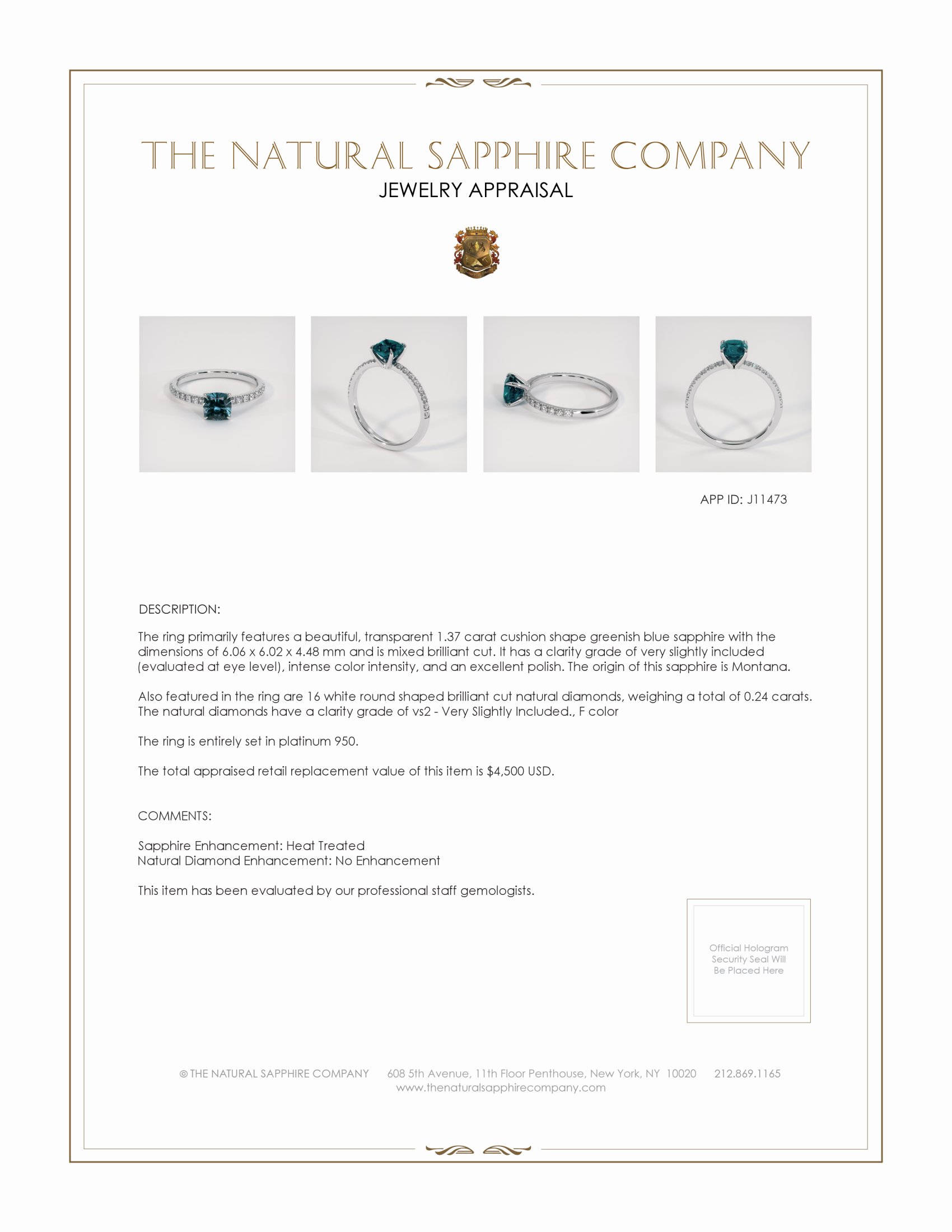 1.37 Ct. Greenish Blue Sapphire and Natural Diamond Pave Ring, Platinum 950