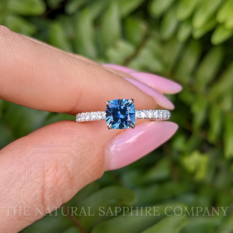 1.37 Ct. Greenish Blue Sapphire and Natural Diamond Pave Ring, Platinum 950