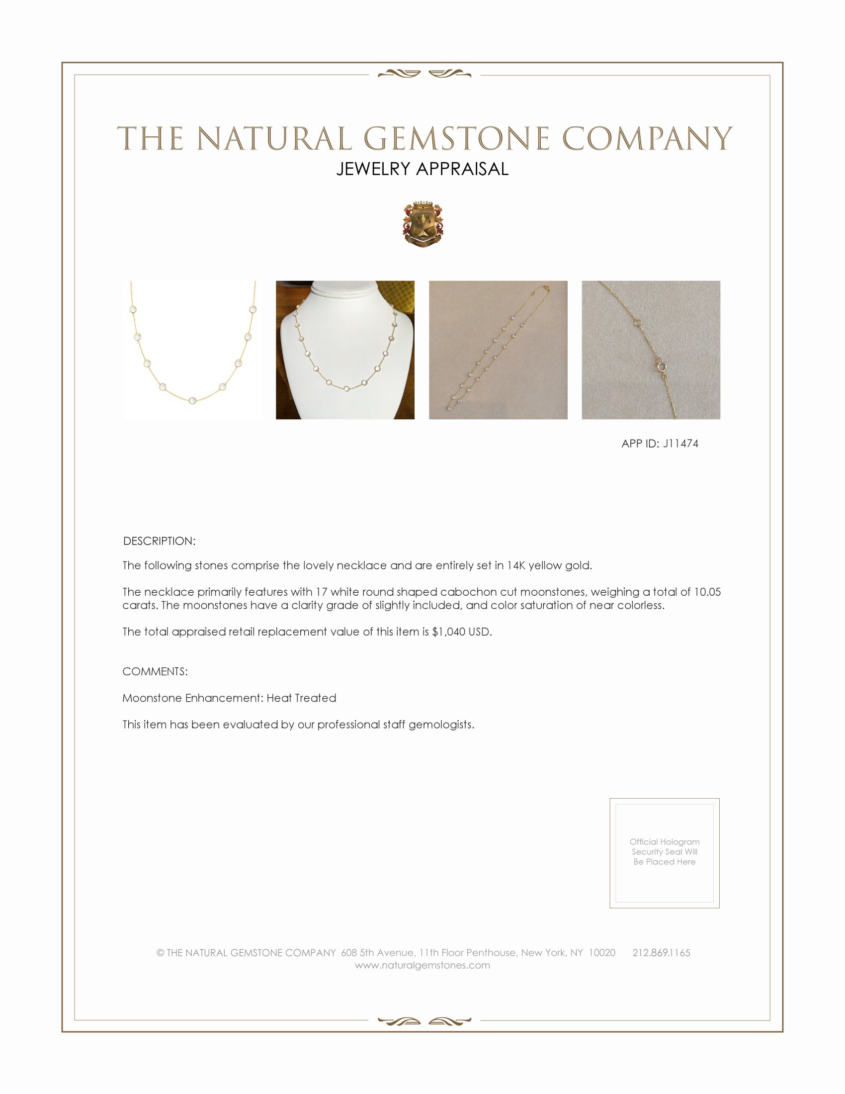 10.05 Ct. Moonstone Bezel Necklace, 14K Yellow Gold