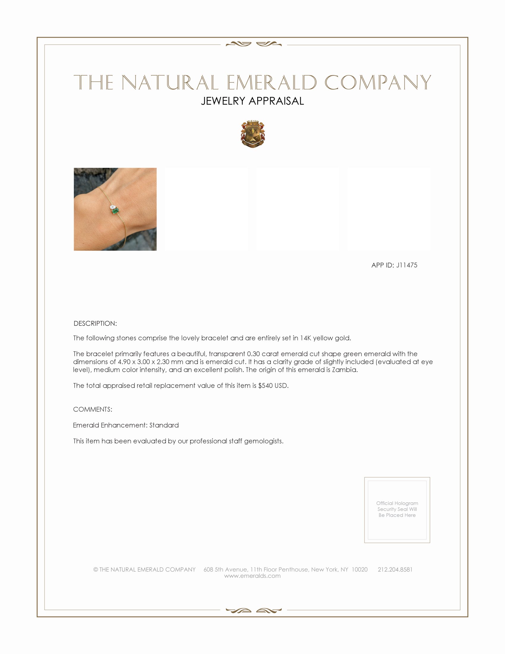 0.30 Ct.Tw. Emerald and Natural Diamond Accent Stones Bracelet, 14K Yellow Gold