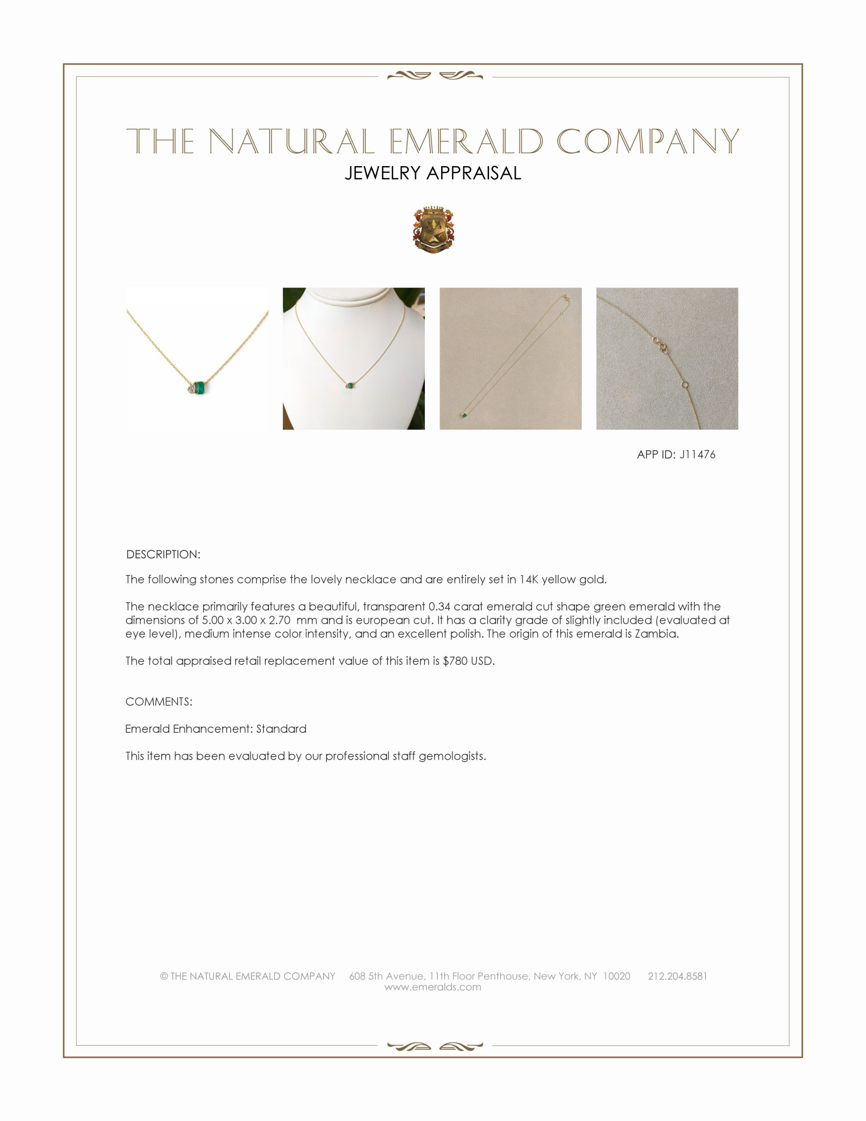 0.48 Ct. Emerald and Natural Diamond Accent Stones Necklace, 14K Yellow Gold