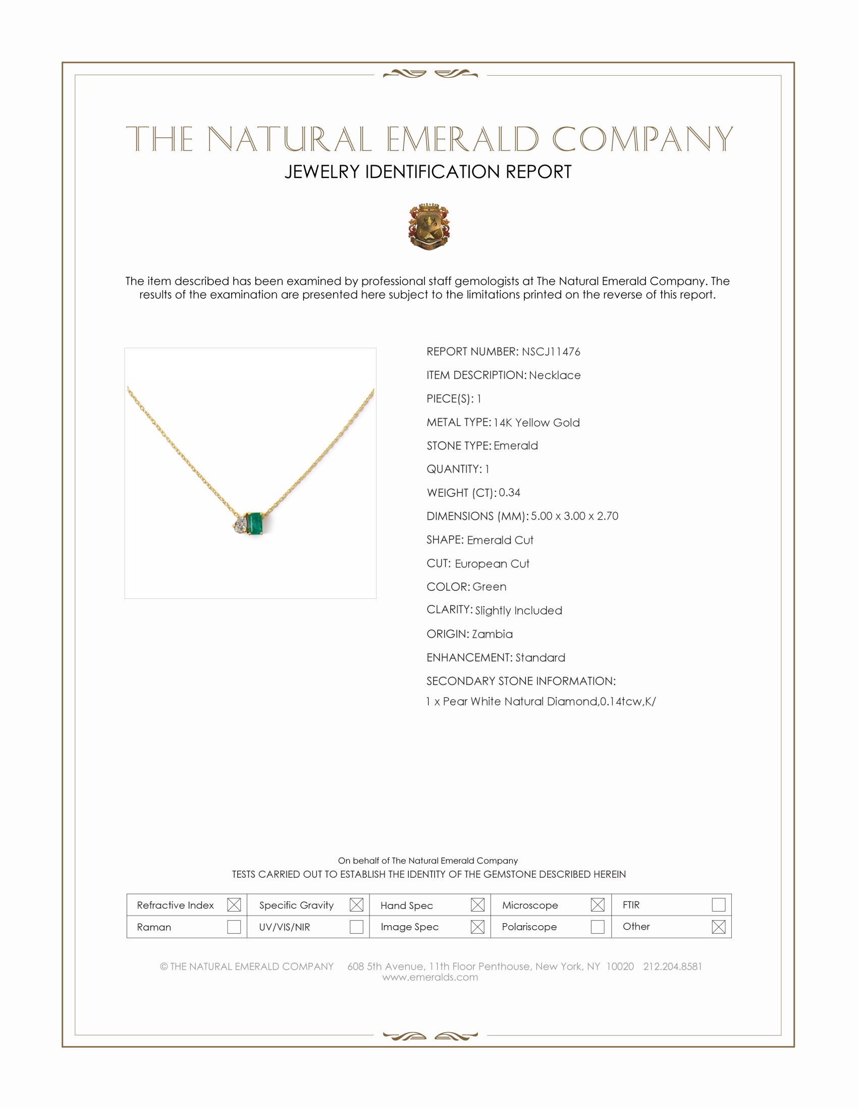 0.48 Ct. Emerald and Natural Diamond Accent Stones Necklace, 14K Yellow Gold