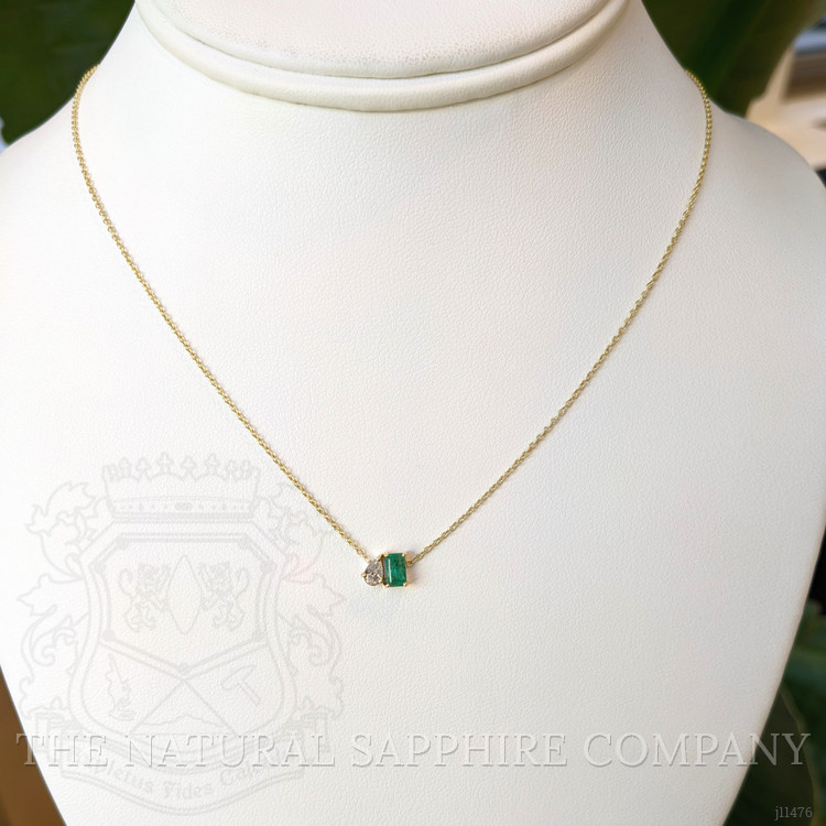 0.48 Ct. Emerald and Natural Diamond Accent Stones Necklace, 14K Yellow Gold