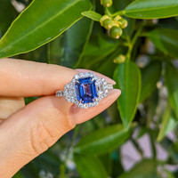 2.32 Ct. Blue Sapphire and Natural Diamond Pave Ring, 18K White Gold Life Style