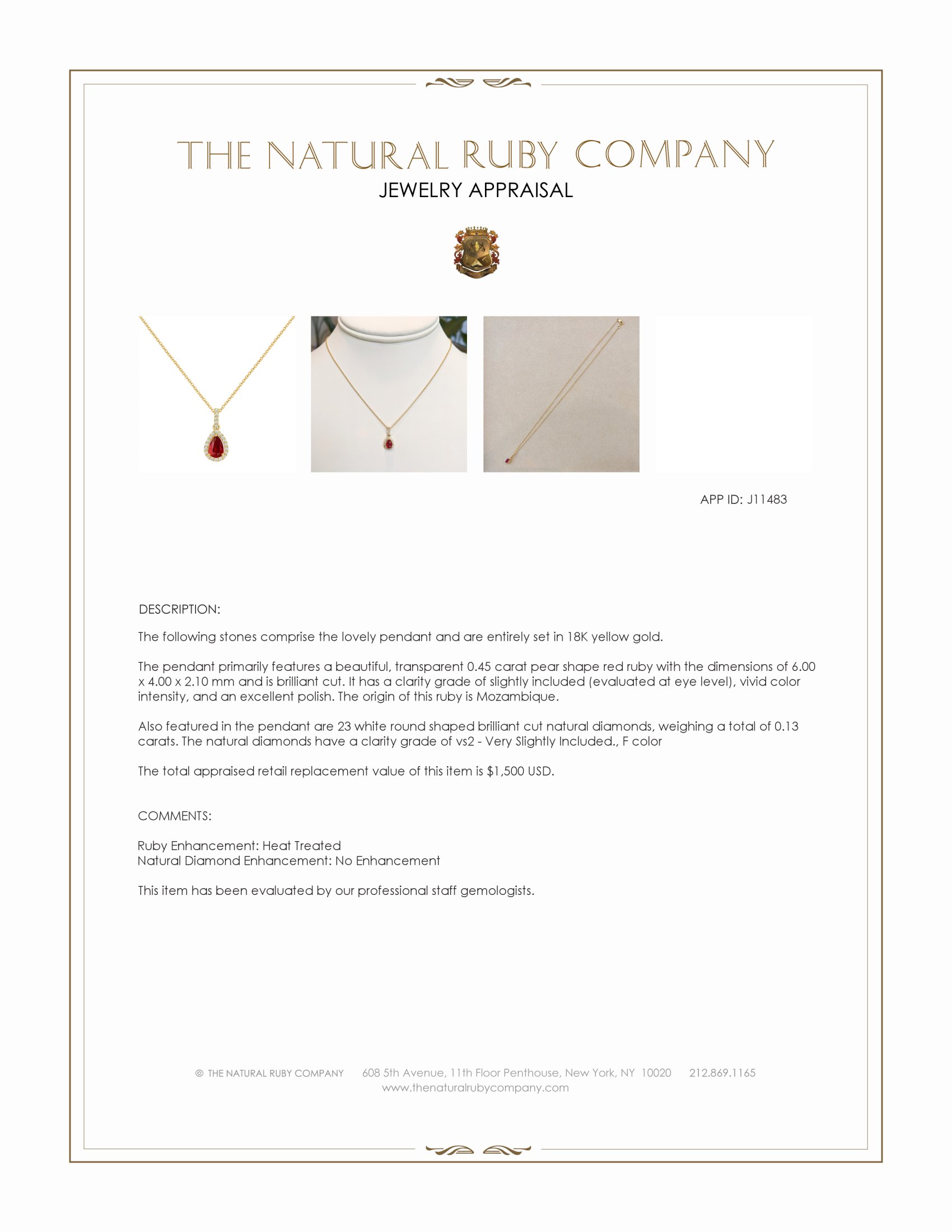 0.45 Ct. Ruby and Natural Diamond Halo Pendant, 18K Yellow Gold