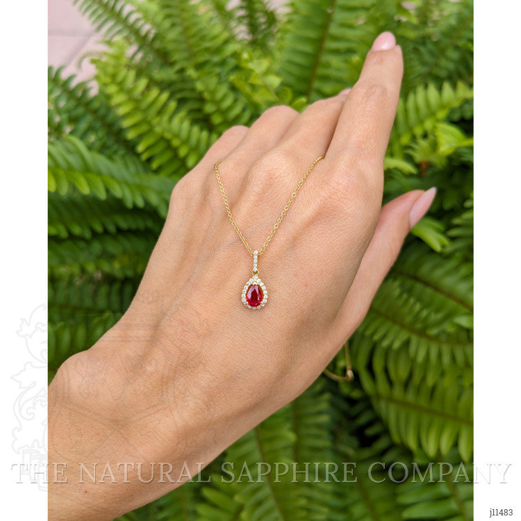 0.45 Ct. Ruby Natural Diamond Halo Pendant, 18K Yellow Gold
