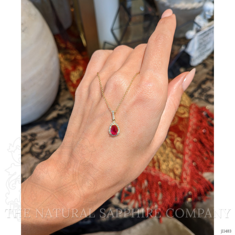 0.45 Ct. Ruby Natural Diamond Halo Pendant, 18K Yellow Gold