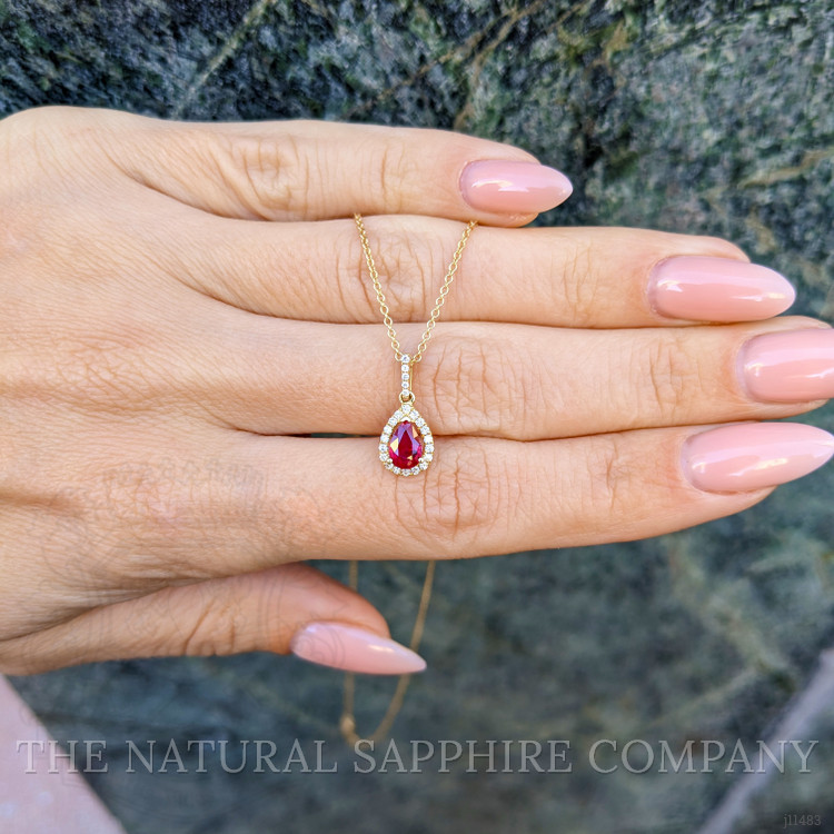 0.45 Ct. Ruby Natural Diamond Halo Pendant, 18K Yellow Gold