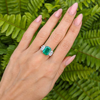 2.29 Ct. Emerald Lab Grown Diamond Three Stone Ring, Platinum 950 Life Style