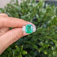 2.29 Ct. Emerald Lab Grown Diamond Three Stone Ring, Platinum 950 Life Style