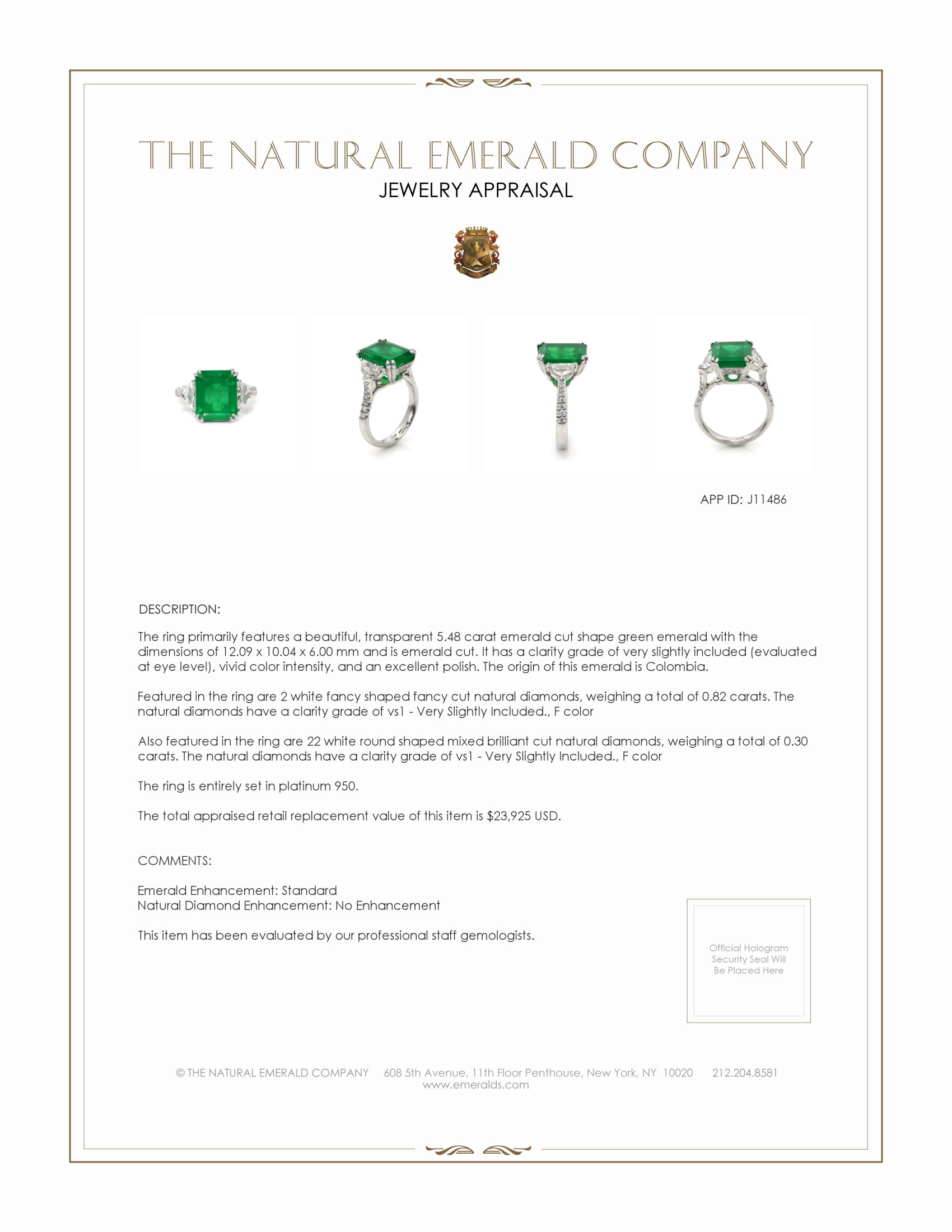 5.48 Ct. Emerald and Natural Diamond Three Stone Ring, Platinum 950