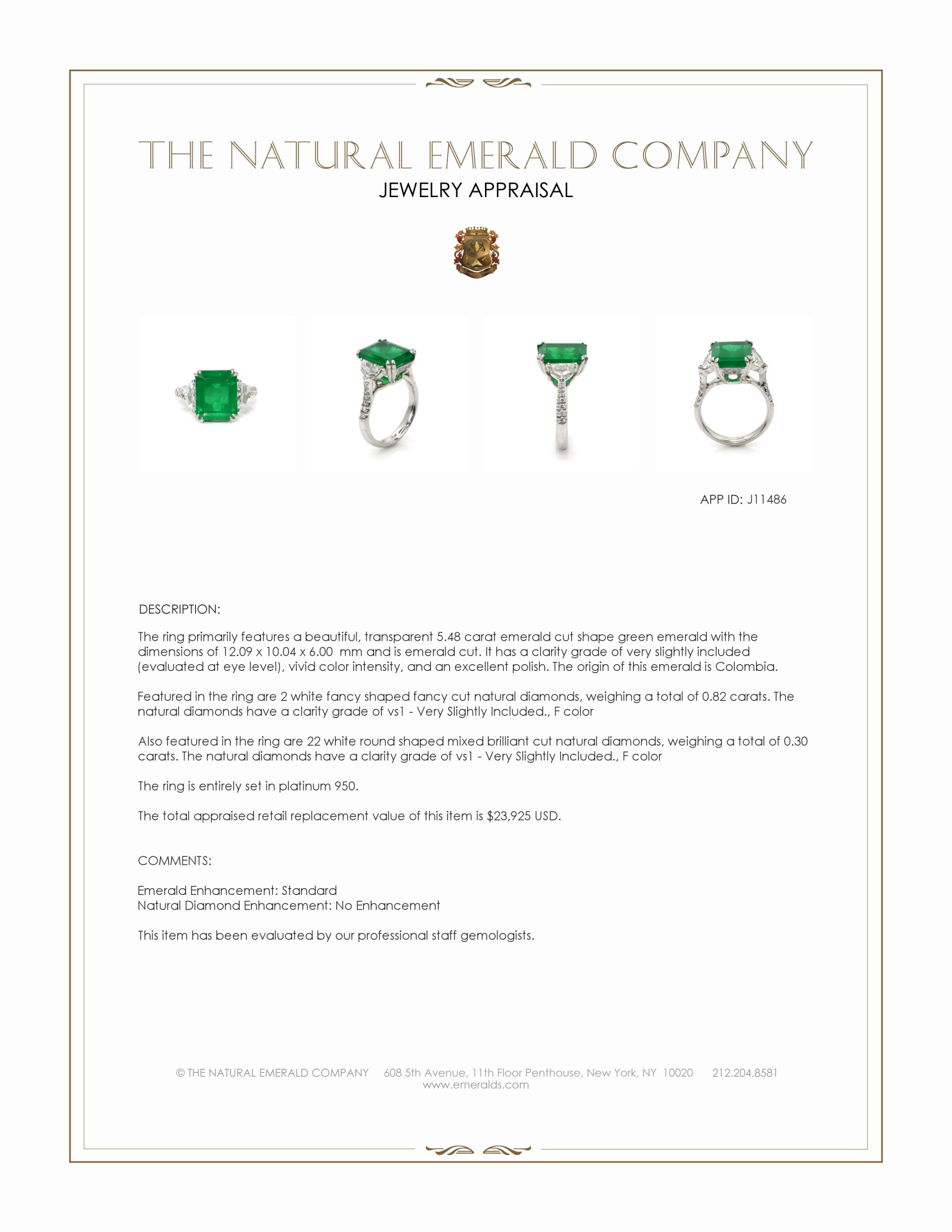 5.48 Ct. Emerald and Natural Diamond Three Stone Ring, Platinum 950