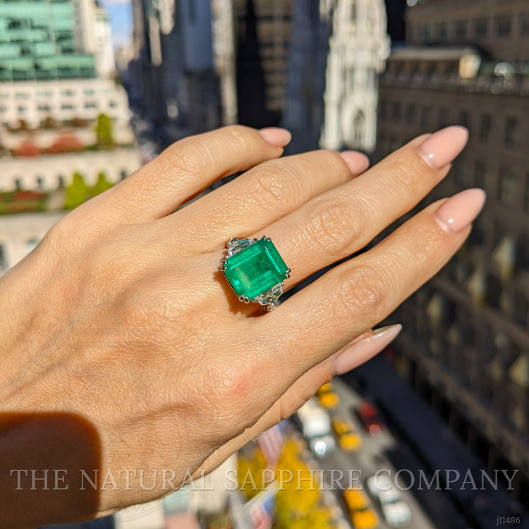 5.48 Ct. Emerald Natural Diamond Three Stone Ring, Platinum 950