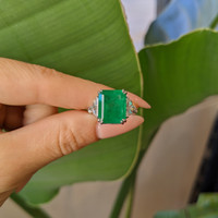 5.48 Ct. Emerald Natural Diamond Three Stone Ring, Platinum 950 Life Style