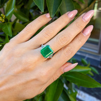 5.48 Ct. Emerald Natural Diamond Three Stone Ring, Platinum 950 Life Style