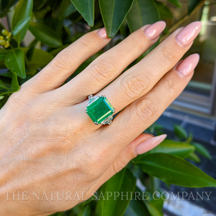 5.48 Ct. Emerald Natural Diamond Three Stone Ring, Platinum 950