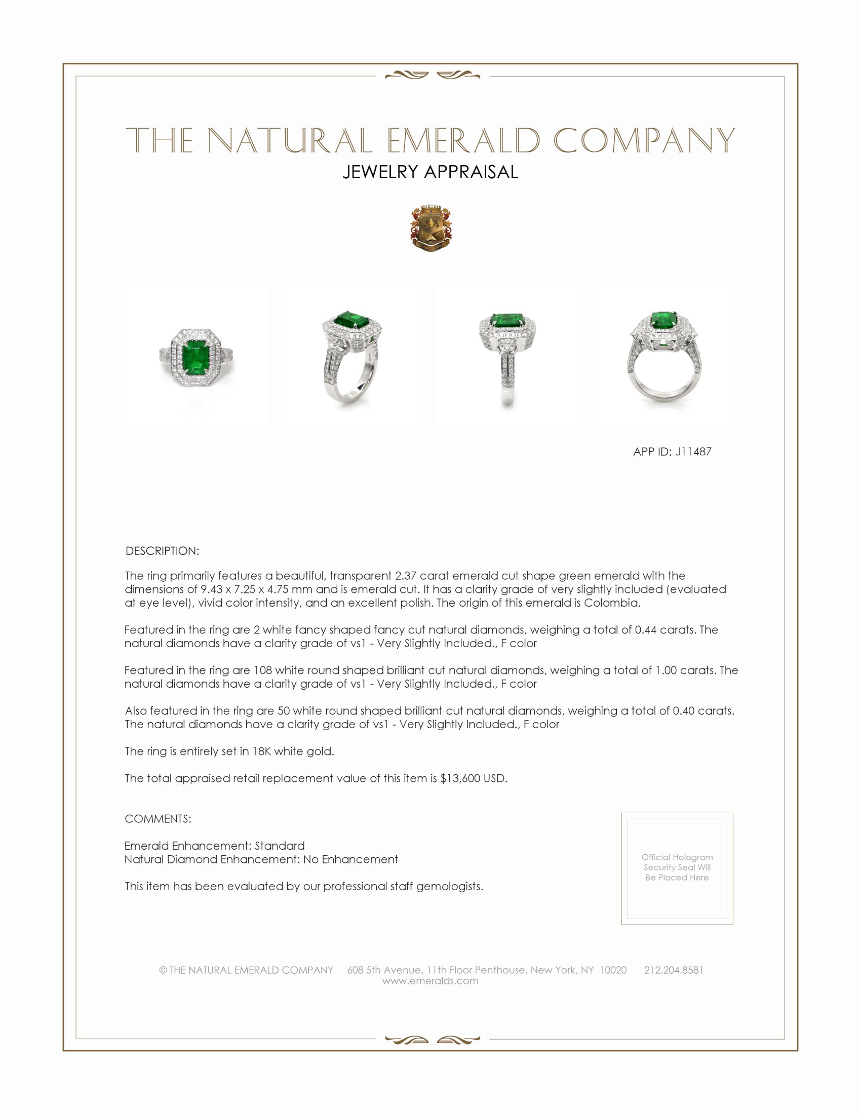 2.37 Ct. Emerald and Natural Diamond Pave Ring, 18K White Gold