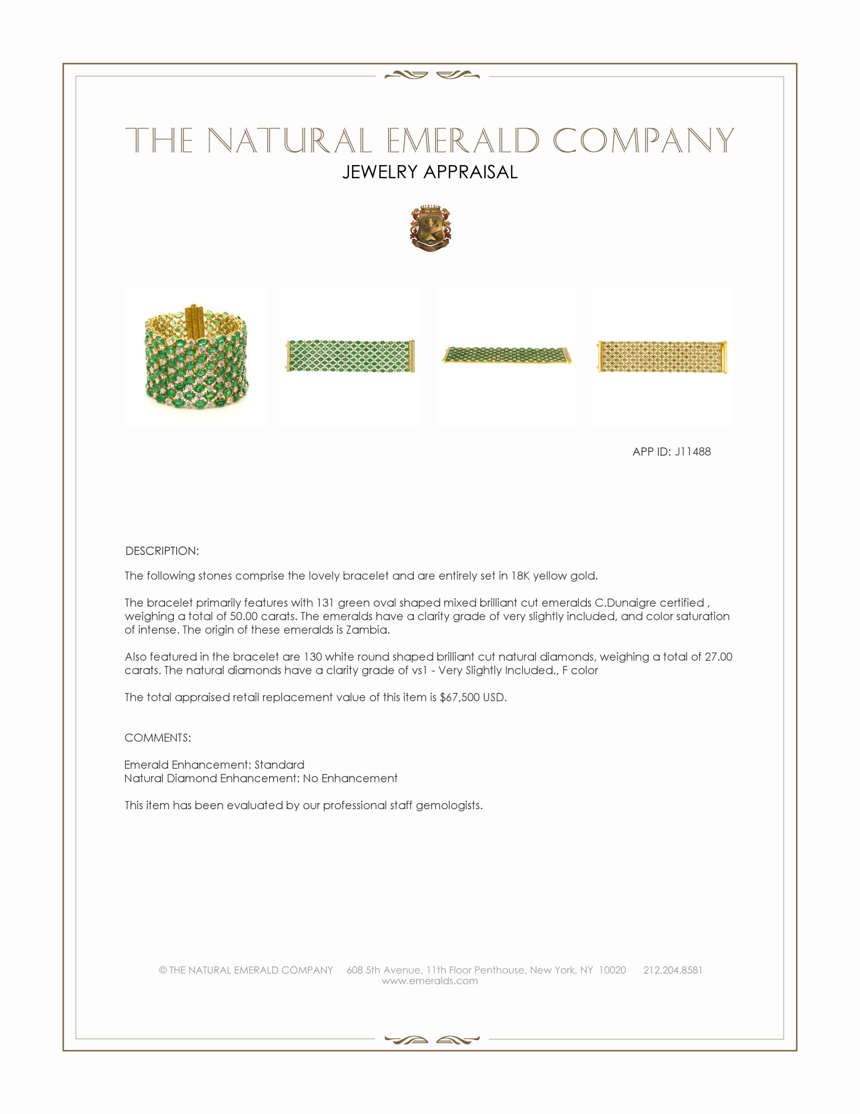 50.00 Ct.Tw. Emerald and Natural Diamond Accent Stones Bracelet, 18K Yellow Gold