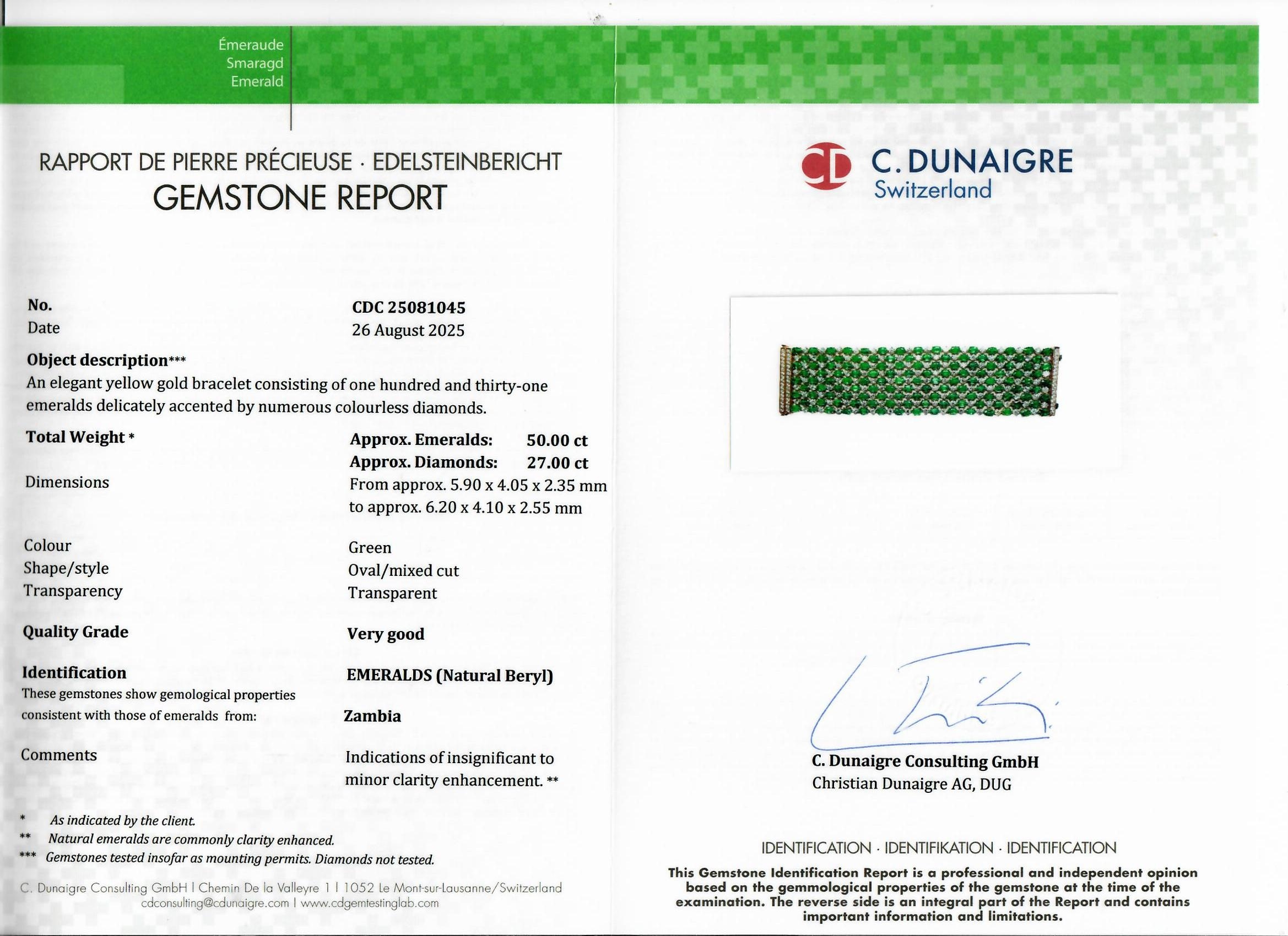 50.00 Ct.Tw. Emerald and Natural Diamond Accent Stones Bracelet, 18K Yellow Gold