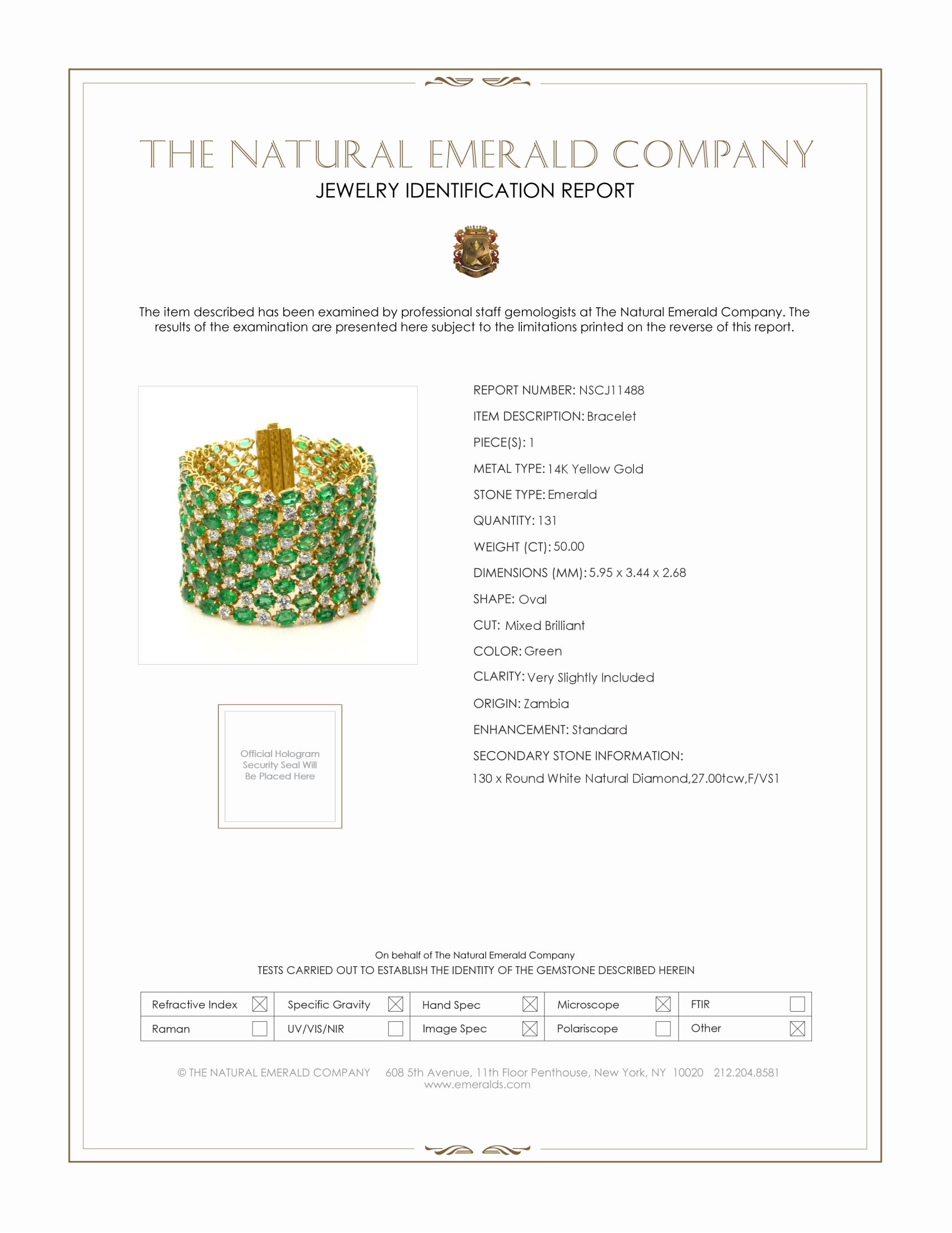 50.00 Ct.Tw. Emerald and Natural Diamond Accent Stones Bracelet, 18K Yellow Gold