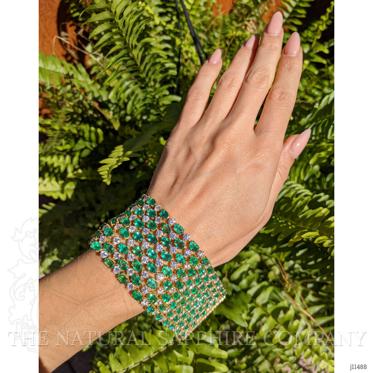 50.00 Ct.Tw. Emerald Natural Diamond Accent Stones Bracelet, 14K Yellow Gold