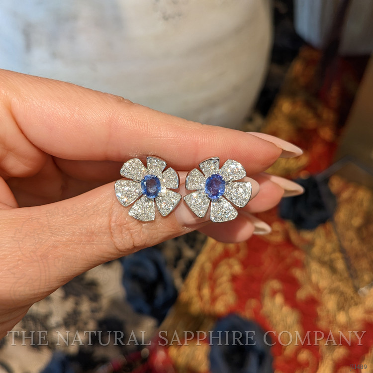 1.47 Ct.Tw. Blue Sapphire and Natural Diamond Studs Earrings, 18K White Gold