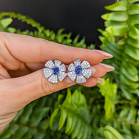 1.47 Ct.Tw.Total Carat Weight Blue Sapphire and Natural Diamond Studs Earrings, 18K White Gold Life Style