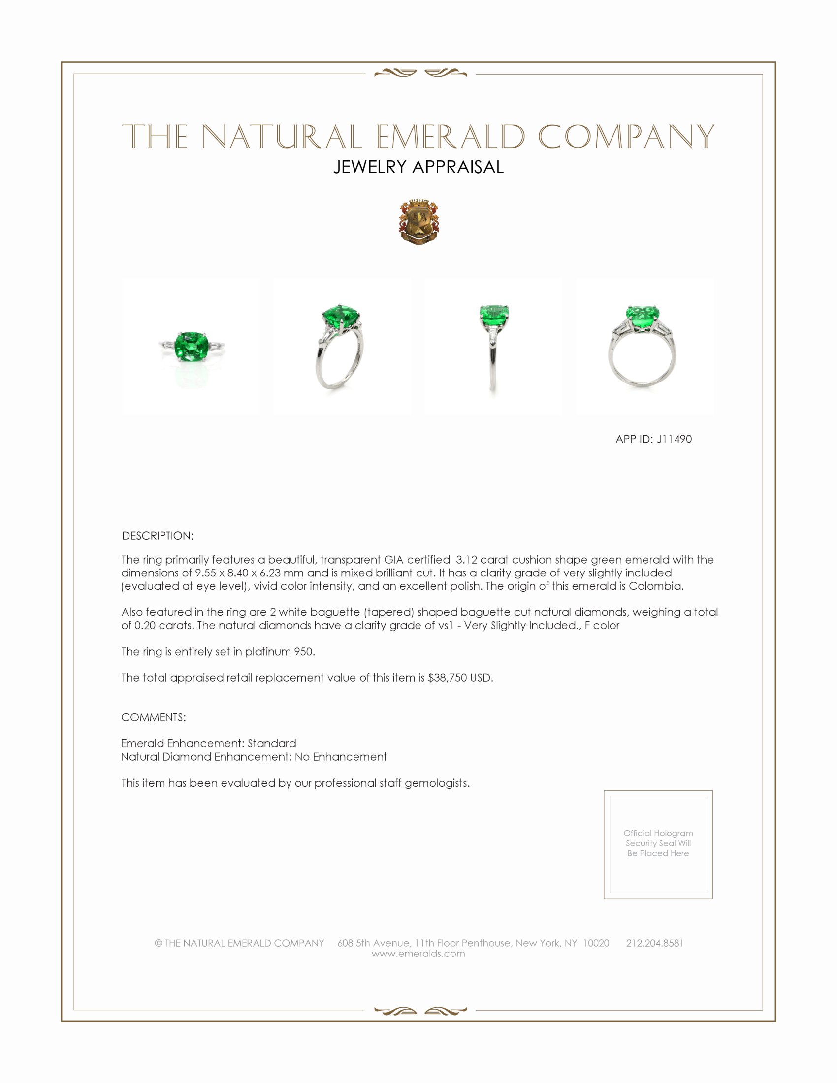 3.12 Ct. Emerald and Natural Diamond Three Stone Ring, Platinum 950