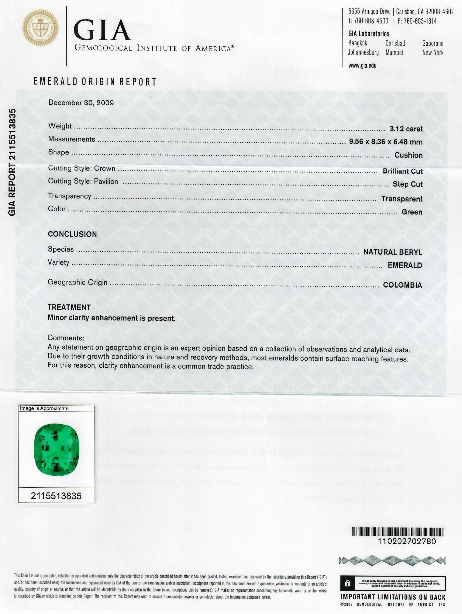 3.12 Ct. Emerald Natural Diamond Three Stone Ring, Platinum 950