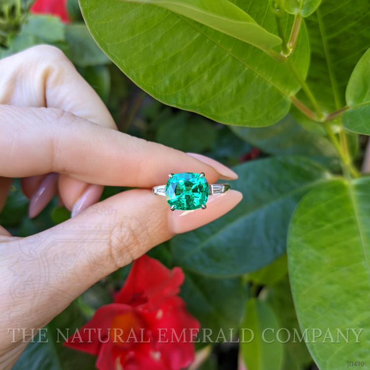3.12 Ct. Emerald Natural Diamond Three Stone Ring, Platinum 950