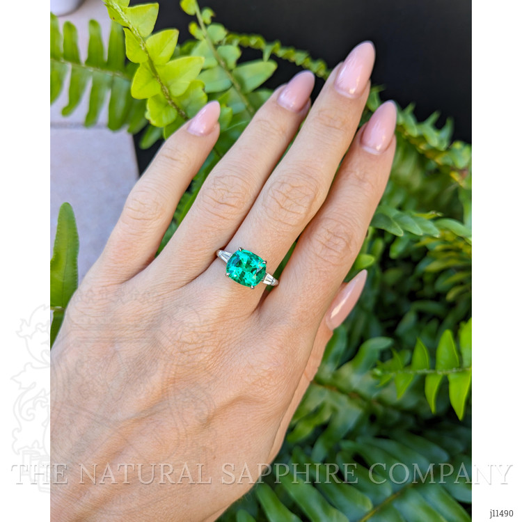 3.12 Ct. Emerald Natural Diamond Three Stone Ring, Platinum 950