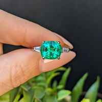 3.12 Ct. Emerald Natural Diamond Three Stone Ring, Platinum 950 Life Style