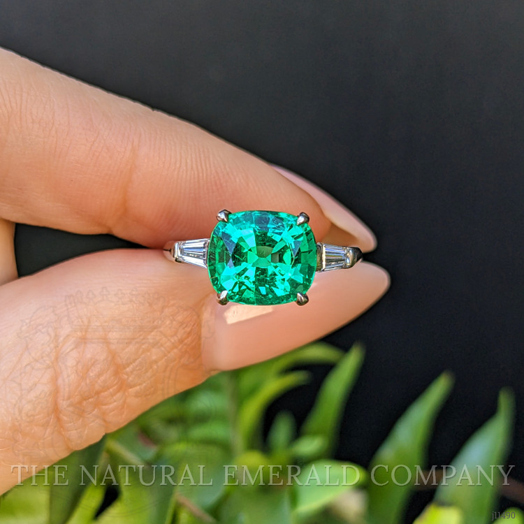 3.12 Ct. Emerald Natural Diamond Three Stone Ring, Platinum 950