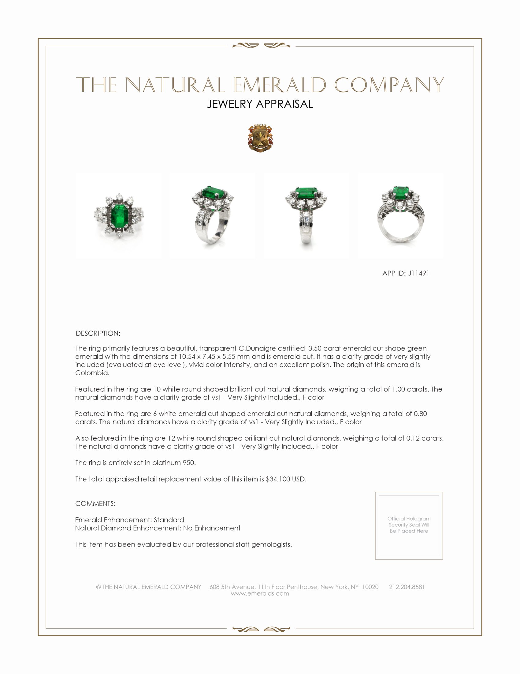 3.50 Ct. Emerald Natural Diamond Antique Style Ring, Platinum 950