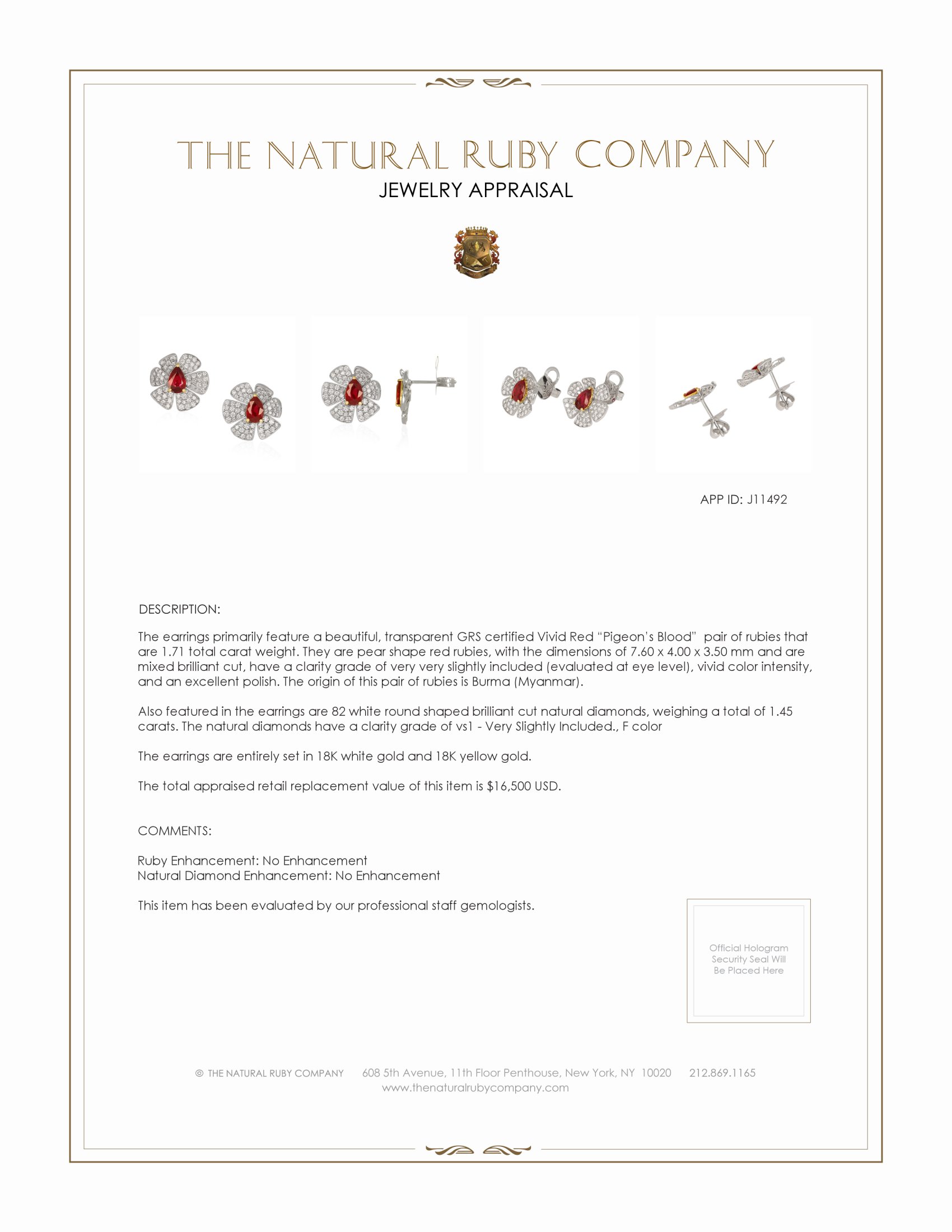 1.71 Ct.Tw. Ruby Natural Diamond Studs Earrings, 18K White & Yellow