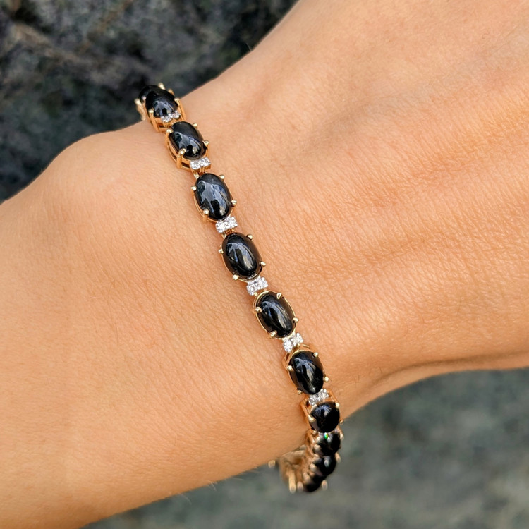 10.18 Ct.Tw. Black Diopside and Natural Diamond Tennis/Line Bracelet, 14K Yellow Gold