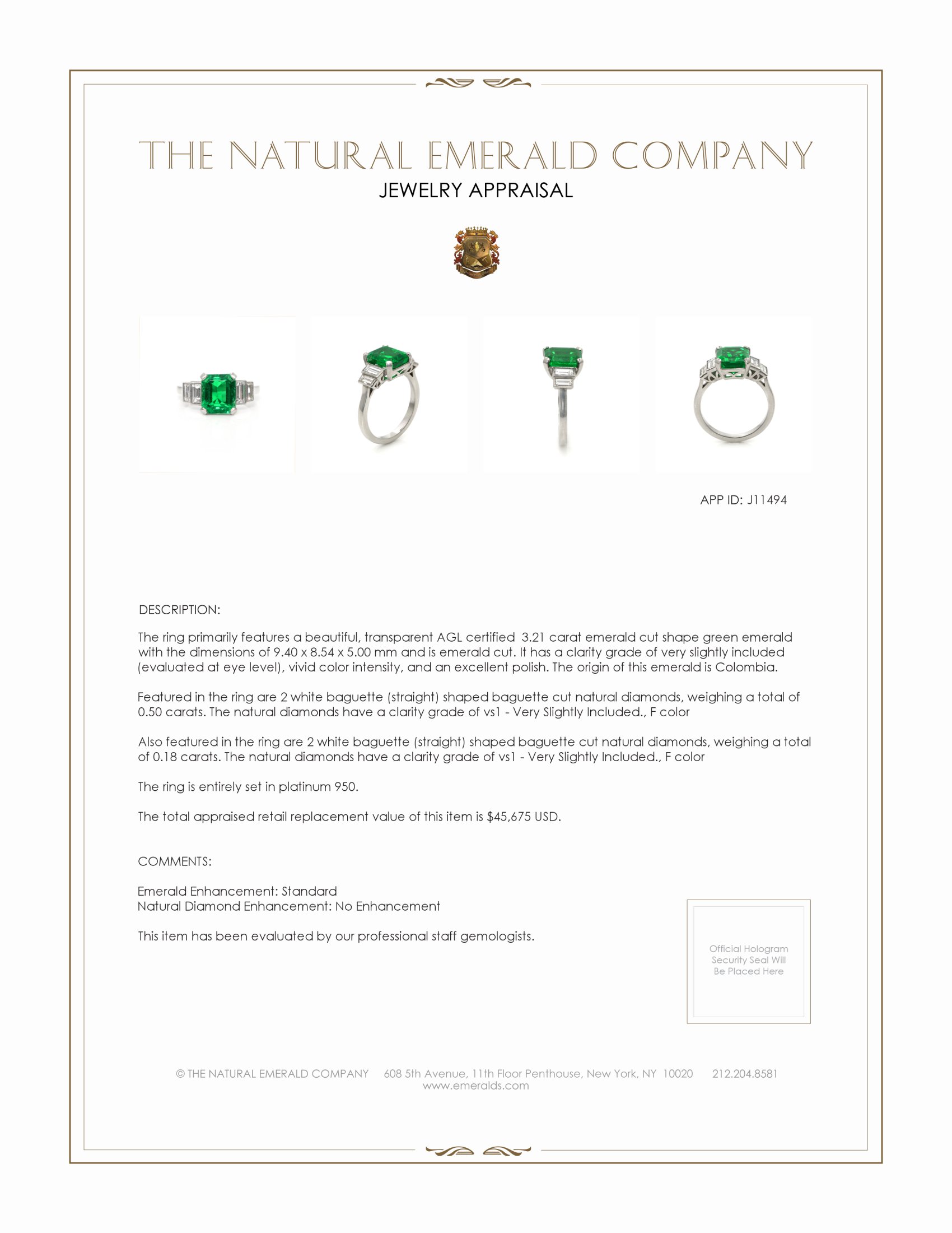 3.21 Ct. Emerald and Natural Diamond Accent Stones Ring, Platinum 950