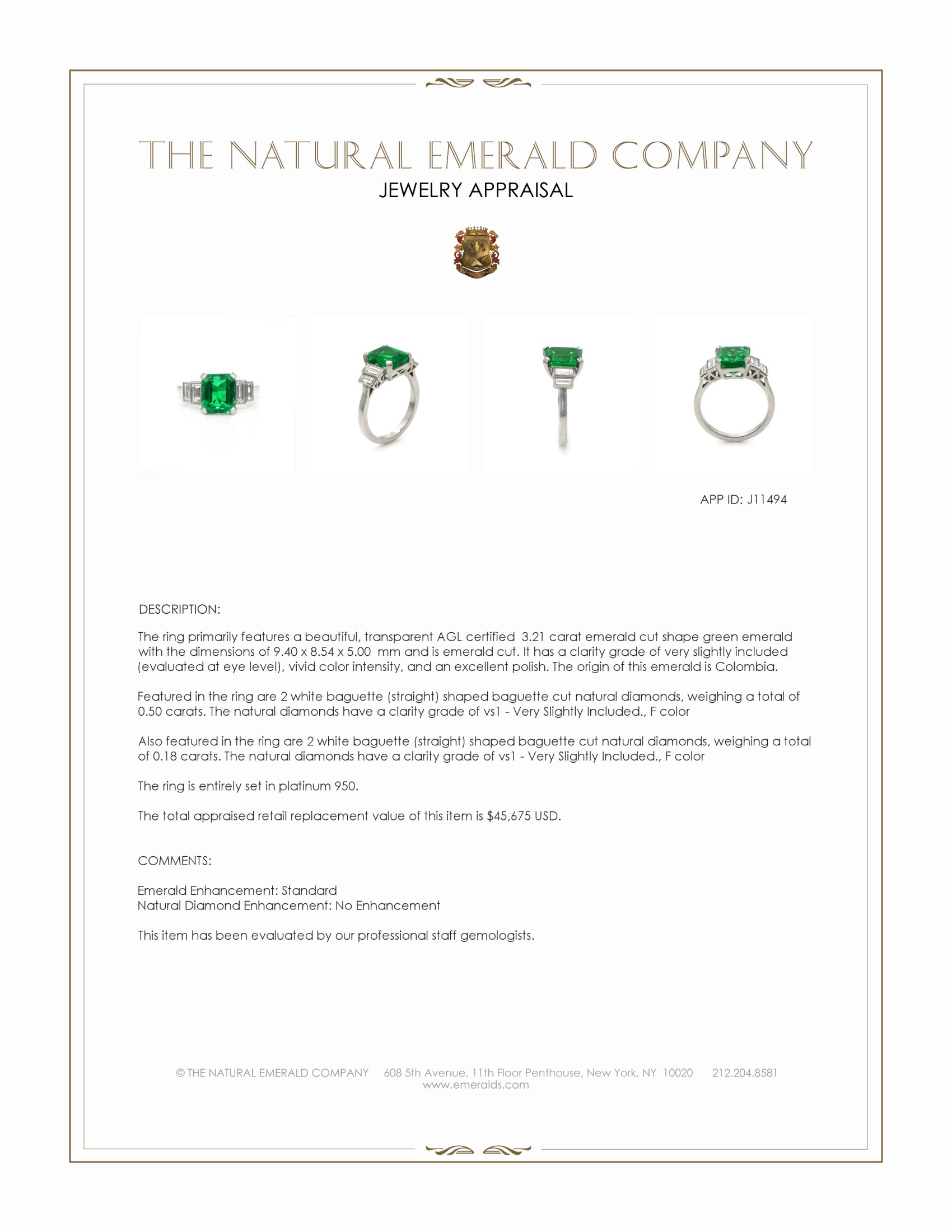 3.21 Ct. Emerald and Natural Diamond Accent Stones Ring, Platinum 950