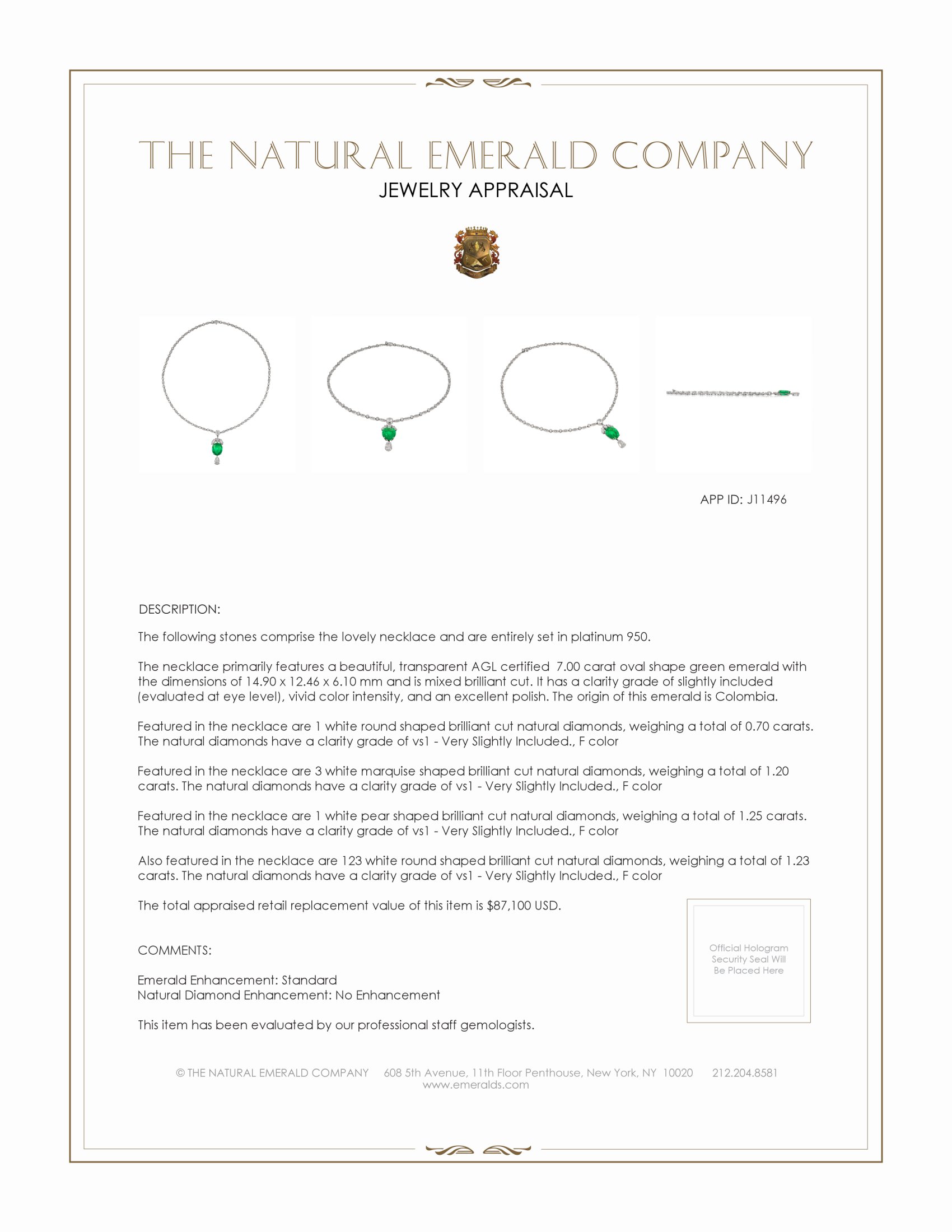 7.00 Ct. Emerald Natural Diamond Pave Necklace, Platinum 950