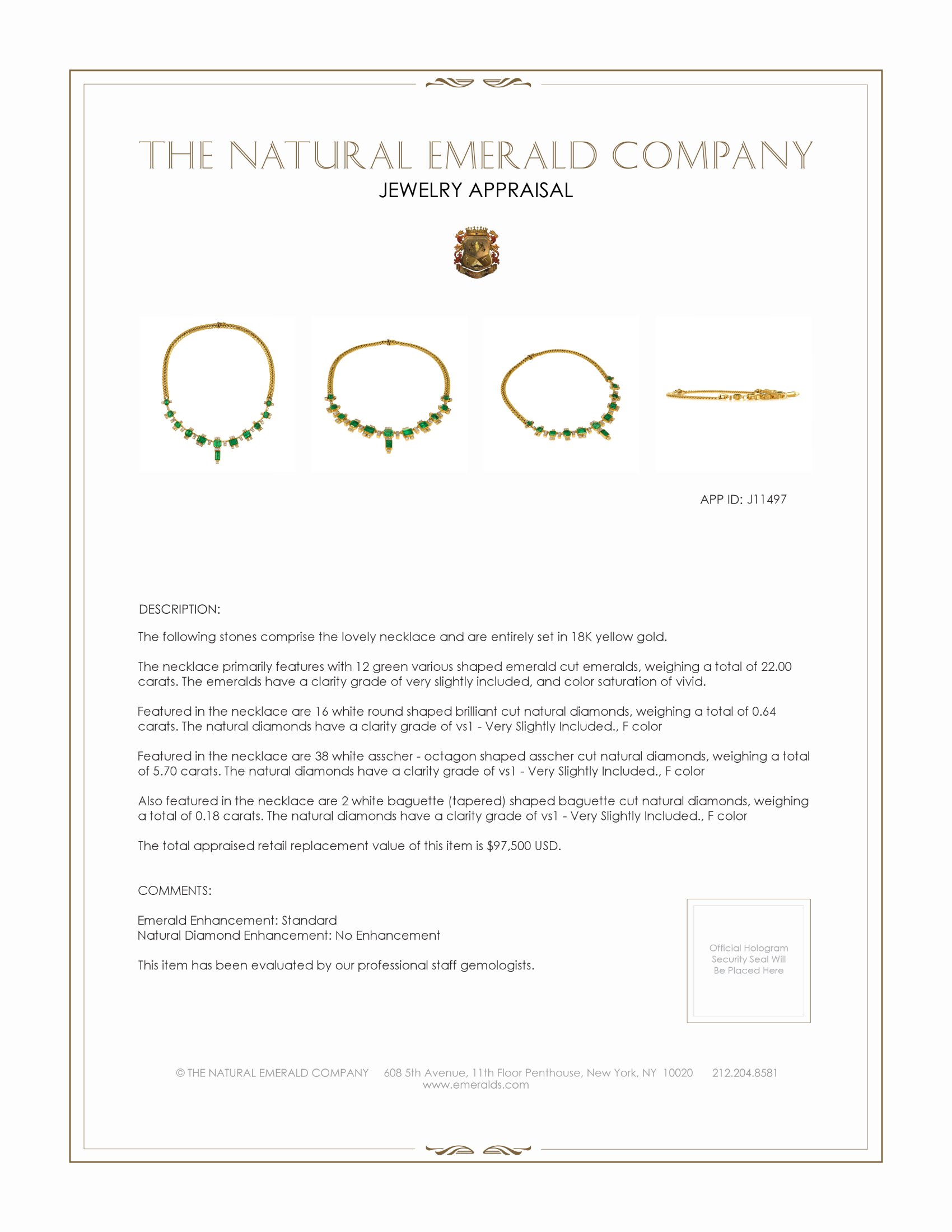 22.00 Ct. Emerald and Natural Diamond Antique Style Necklace, 18K Yellow Gold