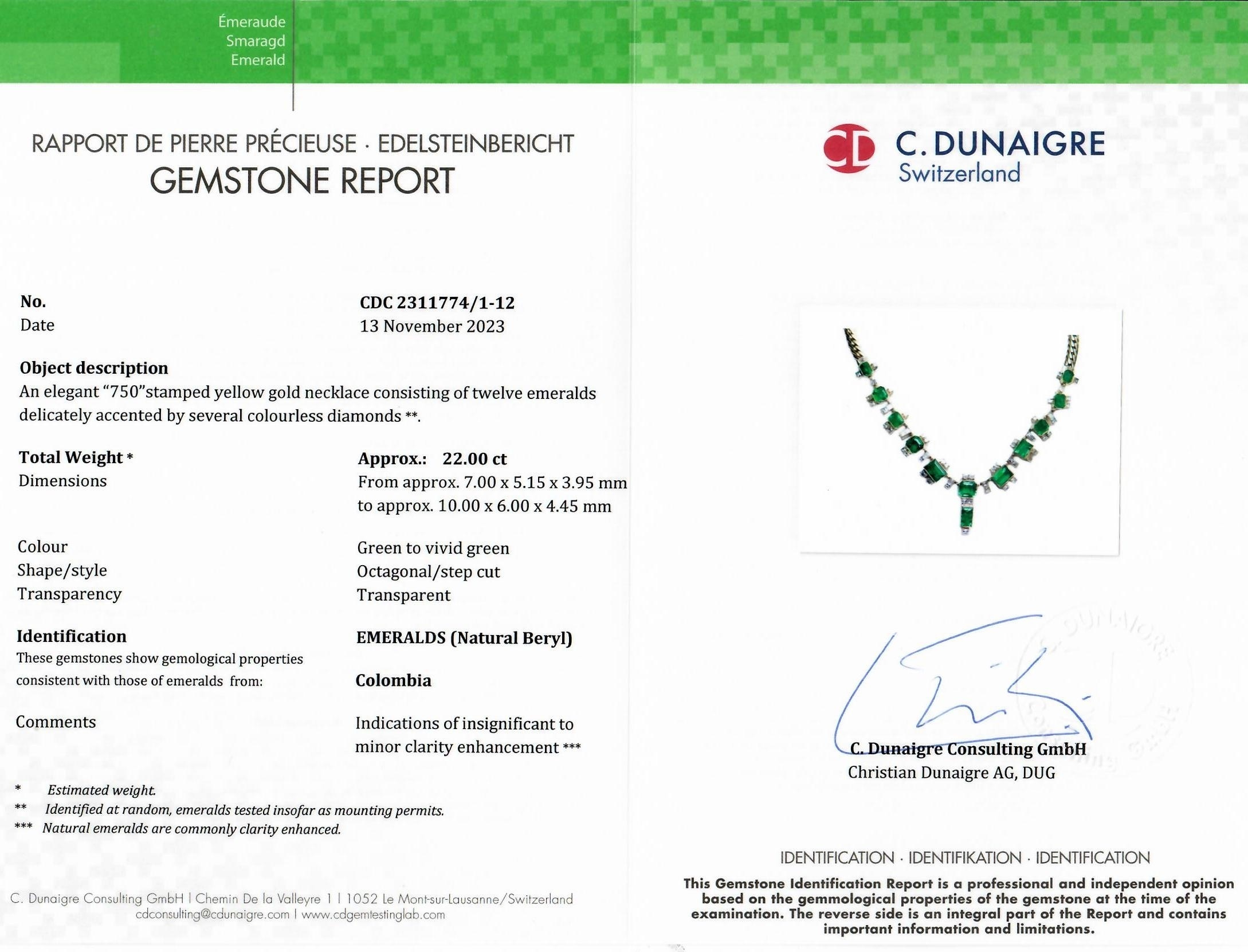 22.00 Ct. Emerald and Natural Diamond Antique Style Necklace, 18K Yellow Gold