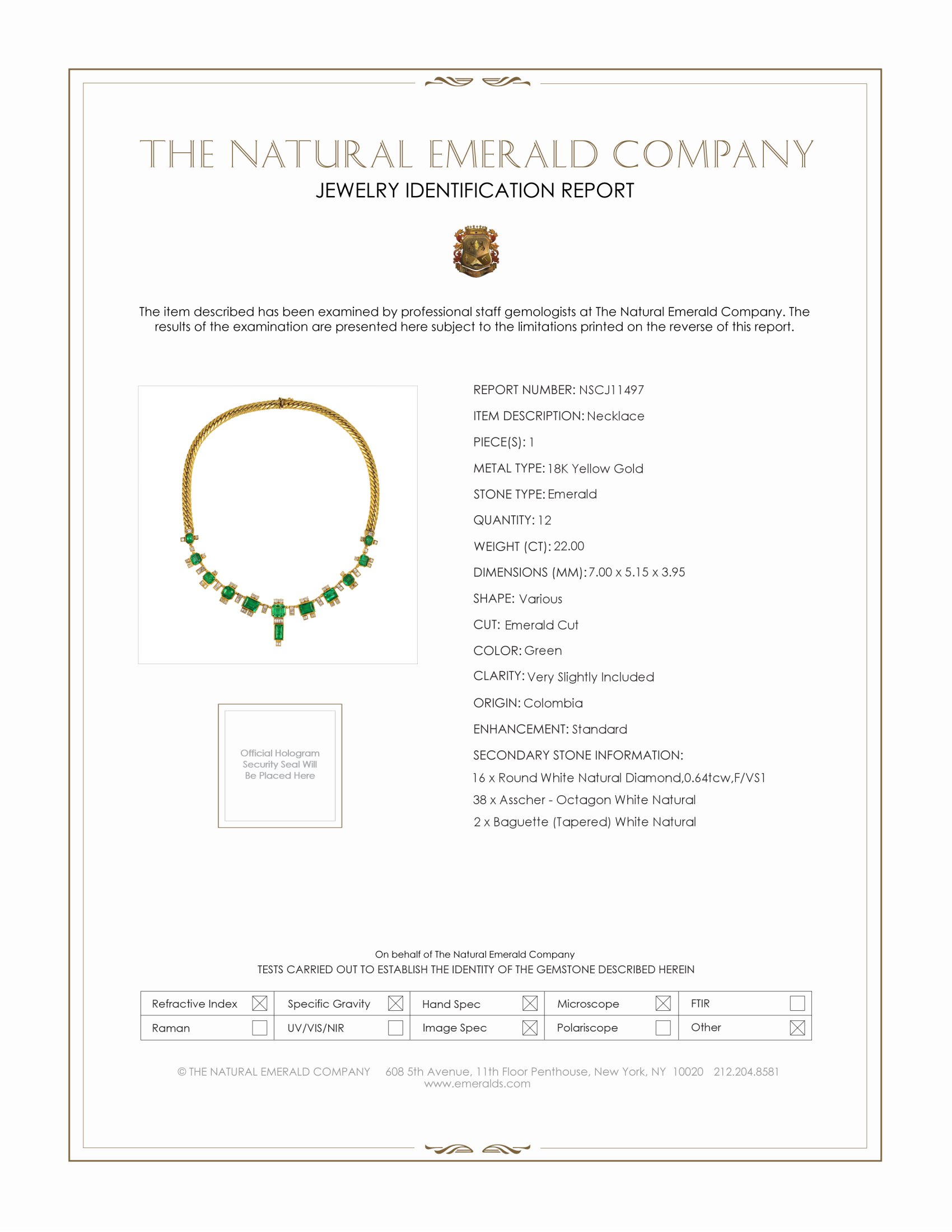 22.00 Ct. Emerald and Natural Diamond Antique Style Necklace, 18K Yellow Gold