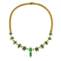 22.00 Ct. Emerald Natural Diamond Antique Style Necklace, 18K Yellow Gold Video