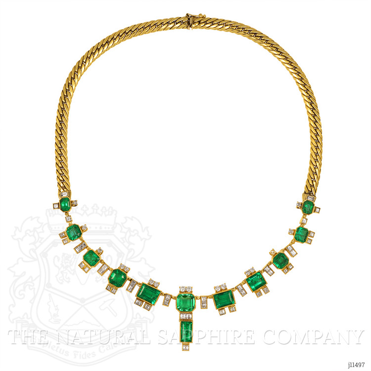 22.00 Ct. Emerald Natural Diamond Antique Style Necklace, 18K Yellow Gold