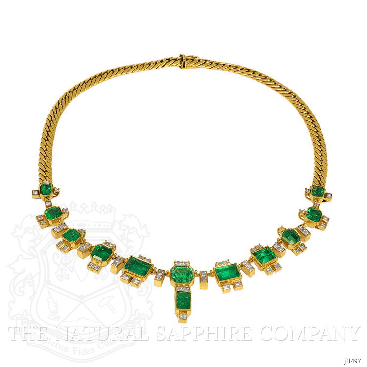 22.00 Ct. Emerald Natural Diamond Antique Style Necklace, 18K Yellow Gold