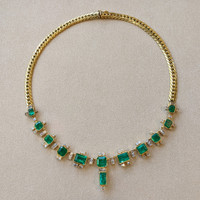 22.00 Ct. Emerald Natural Diamond Antique Style Necklace, 18K Yellow Gold Life Style