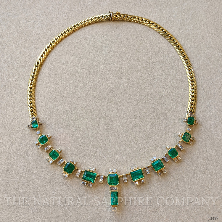 22.00 Ct. Emerald Natural Diamond Antique Style Necklace, 18K Yellow Gold