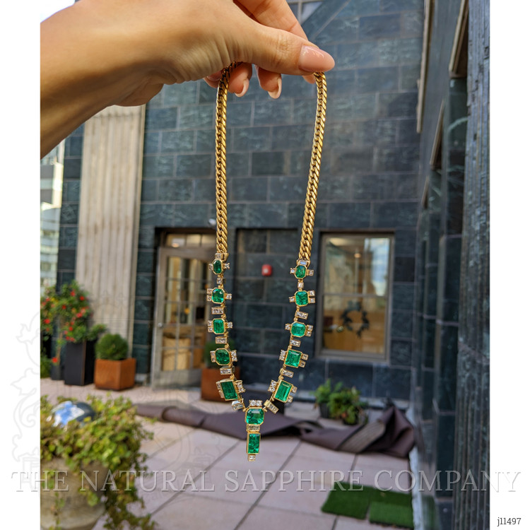 22.00 Ct. Emerald Natural Diamond Antique Style Necklace, 18K Yellow Gold