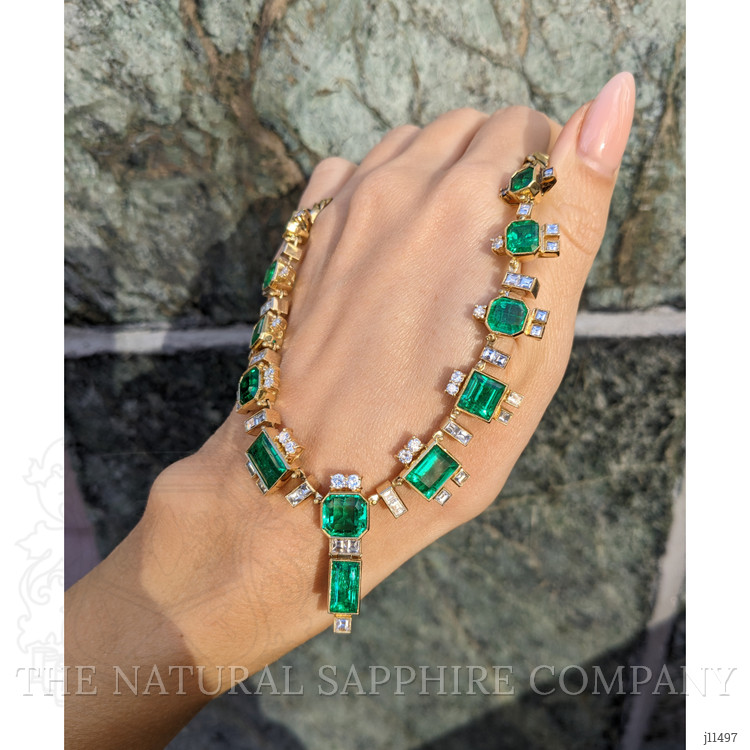 22.00 Ct. Emerald Natural Diamond Antique Style Necklace, 18K Yellow Gold